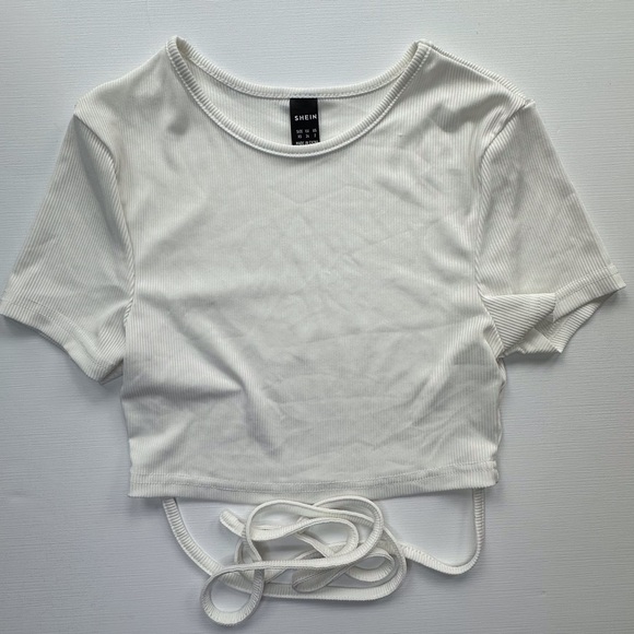 SHEIN Tops - SHEIN ribbed white short sleeve crop top‎ w/ waist ties women’s XS